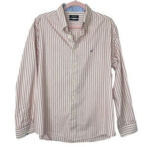 NAUTICA Men's Red Pinstripe Cotton Oxford, 17 Neck 34/35
